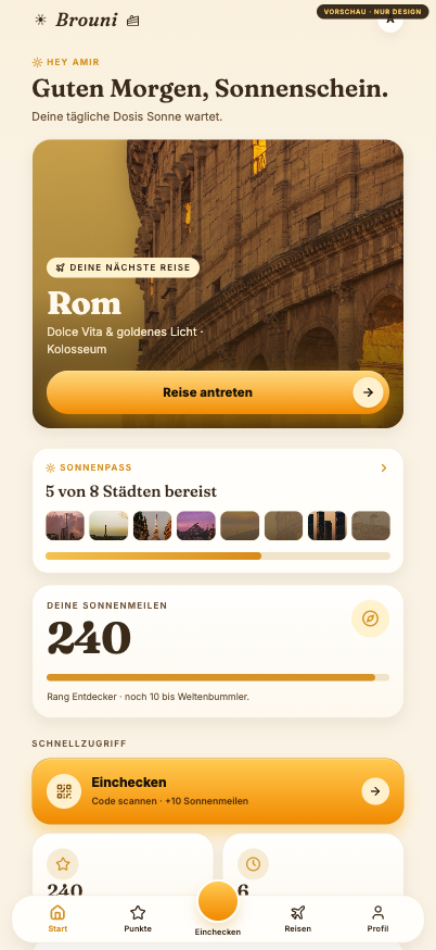 Brouni-App: Startseite mit Live-Belegung und Punkten